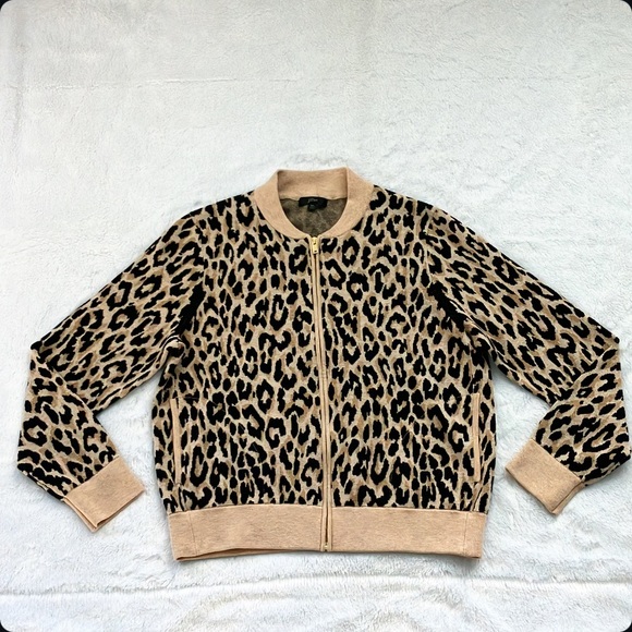 Like New J. Crew Leopard Bomber Jacket Sweater Zip Cardigan - Picture 3 of 8